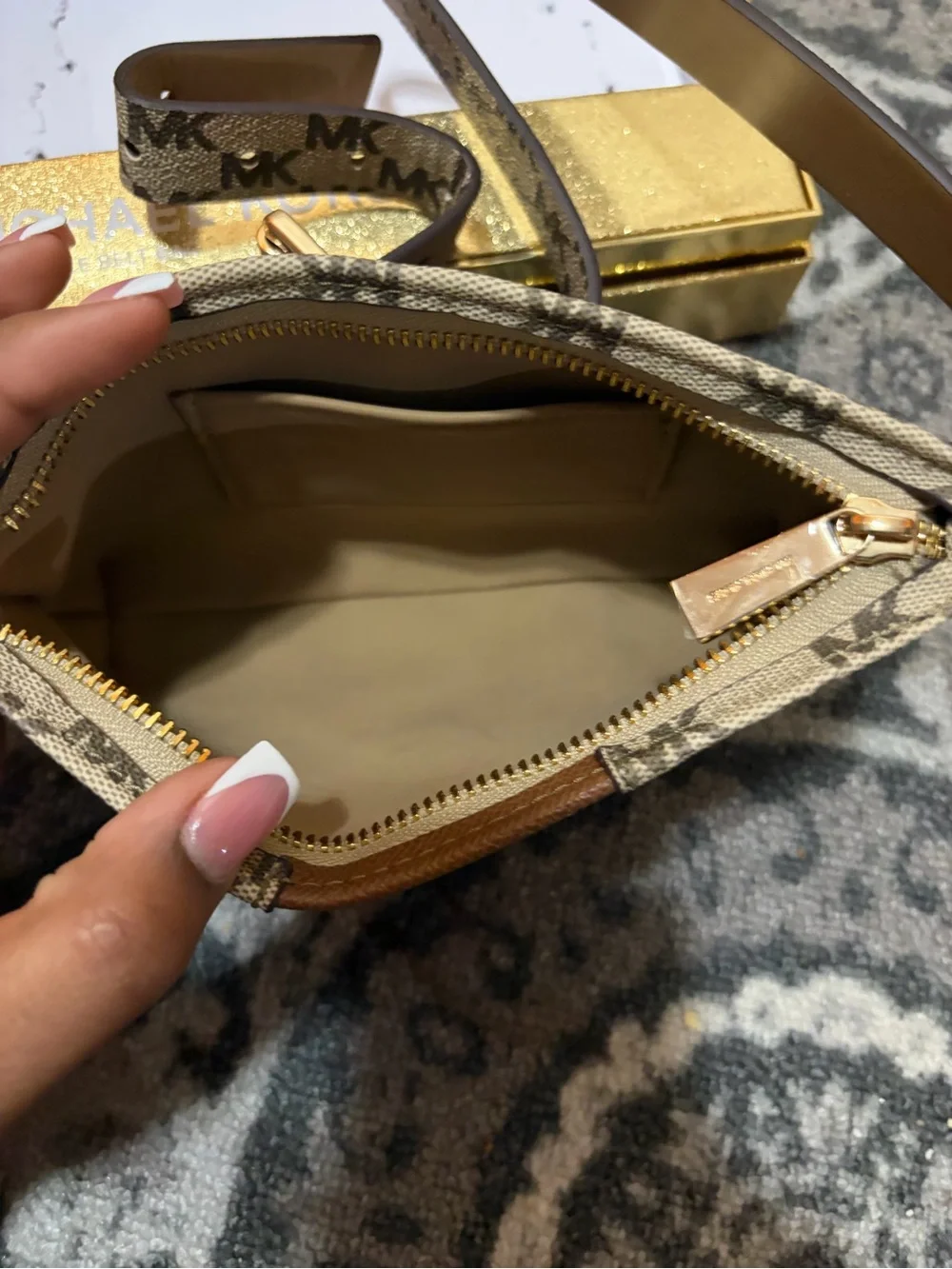 Michael Kors Brown Logo Print Card Holder with Gold Plate